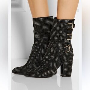 Laurence Dacade Marli Studded Suede Ankle Boots Black Gold Buckle Block Heel 8.5